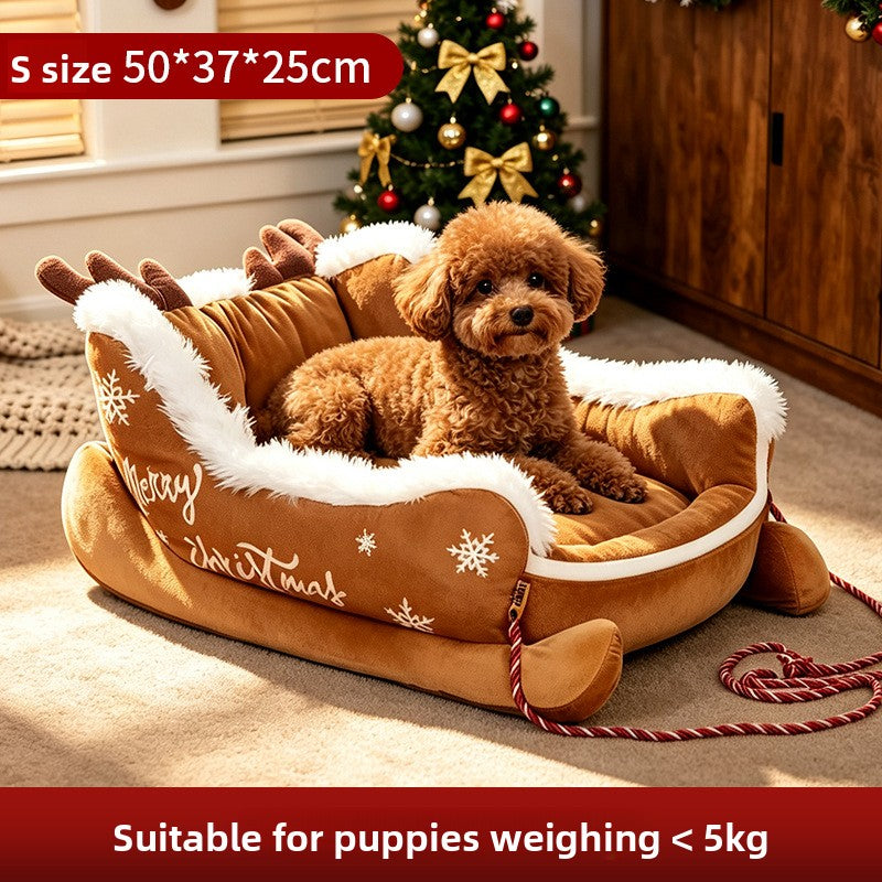 Cama para Mascotas Navideña en Forma de Trineo - Cálida y Lavable para Perros y Gatos