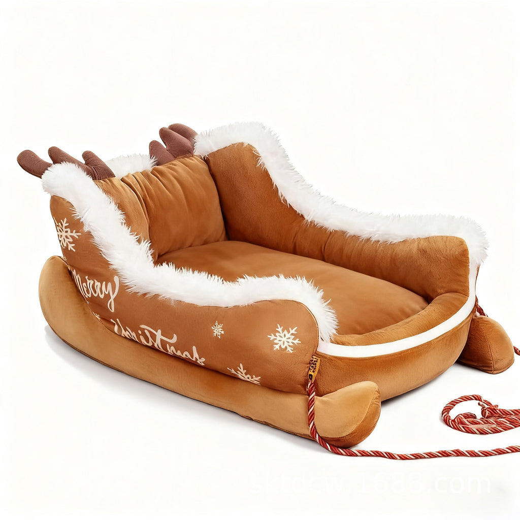 Cama para Mascotas Navideña en Forma de Trineo - Cálida y Lavable para Perros y Gatos