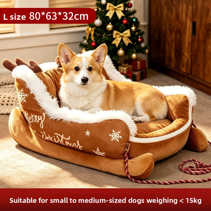 Cama para Mascotas Navideña en Forma de Trineo - Cálida y Lavable para Perros y Gatos