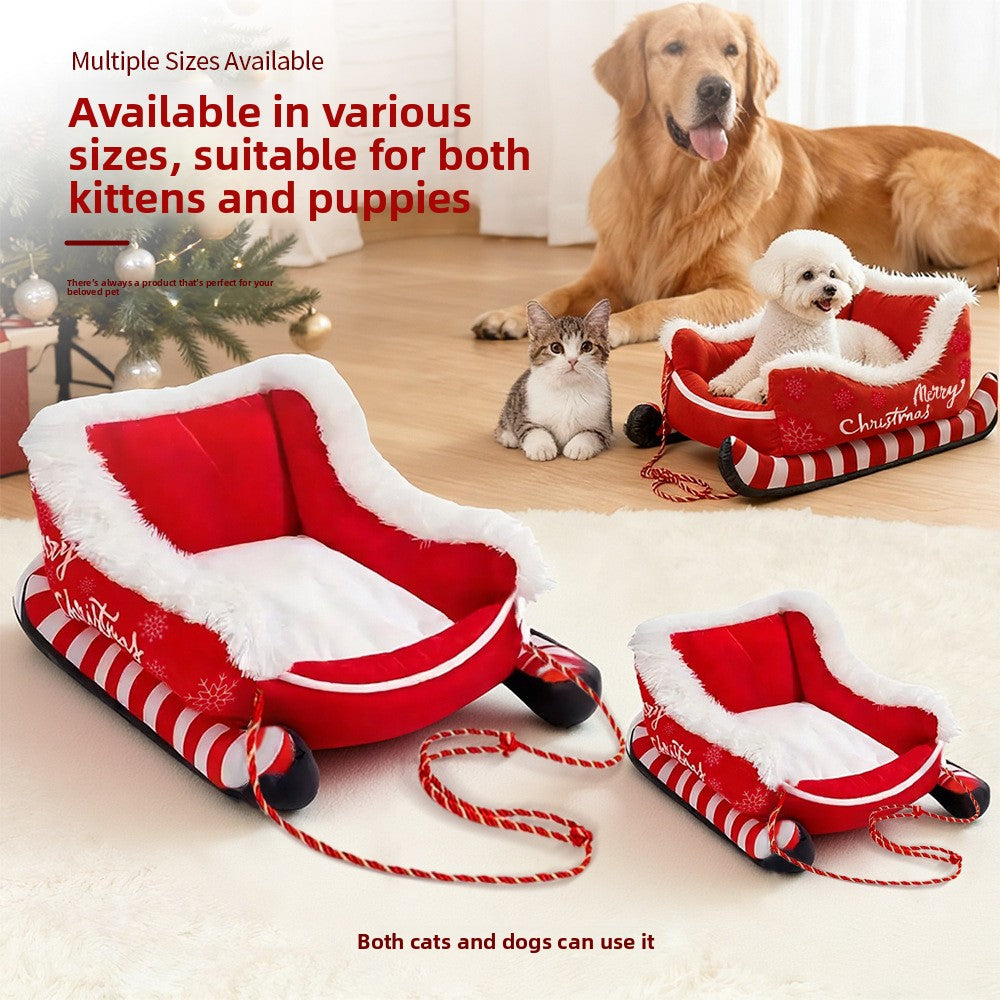 Cama para Mascotas Navideña en Forma de Trineo - Cálida y Lavable para Perros y Gatos