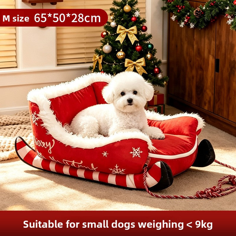 Cama para Mascotas Navideña en Forma de Trineo - Cálida y Lavable para Perros y Gatos