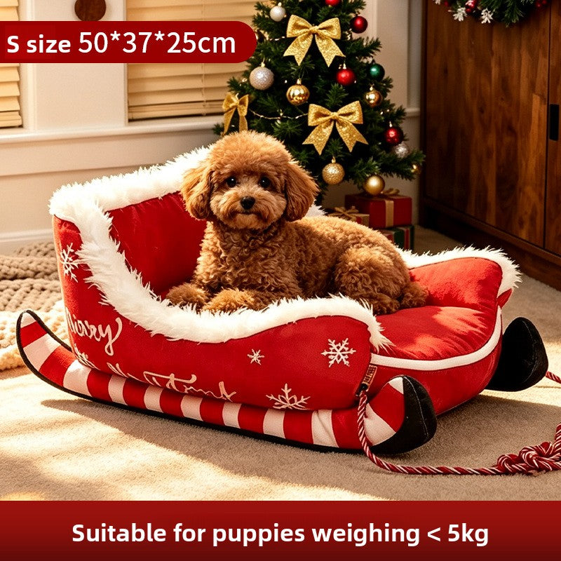 Cama para Mascotas Navideña en Forma de Trineo - Cálida y Lavable para Perros y Gatos