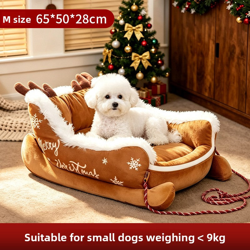 Cama para Mascotas Navideña en Forma de Trineo - Cálida y Lavable para Perros y Gatos
