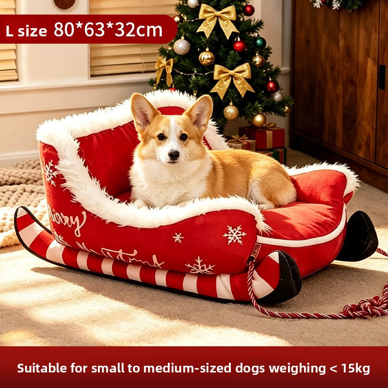 Cama para Mascotas Navideña en Forma de Trineo - Cálida y Lavable para Perros y Gatos